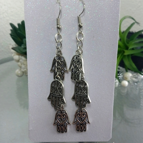 Hamsa Hand of Fatima dangle earrings - Picture 3 of 5